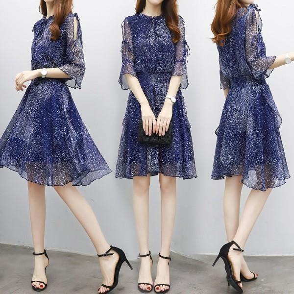 韓国ワンピース 星柄 スター 可愛い リボン フリル ワンピース シャーリング エレガント 五分 七分袖 Buyee 日本代购平台 产品购物网站大全 Buyee一站式代购 Bot Online