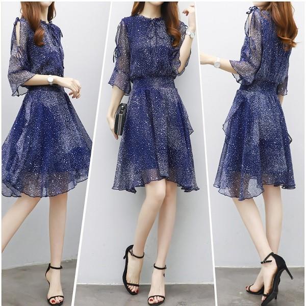 韓国ワンピース 星柄 スター 可愛い リボン フリル ワンピース シャーリング エレガント 五分 七分袖 Buyee Buyee Japanese Proxy Service Buy From Japan Bot Online