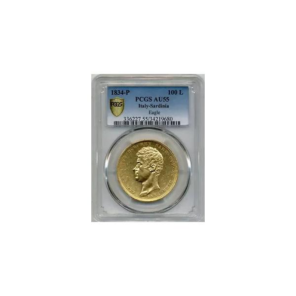 1834-P 100 リラ イタリア サルデーニャ 金貨、カルロ アルベルト