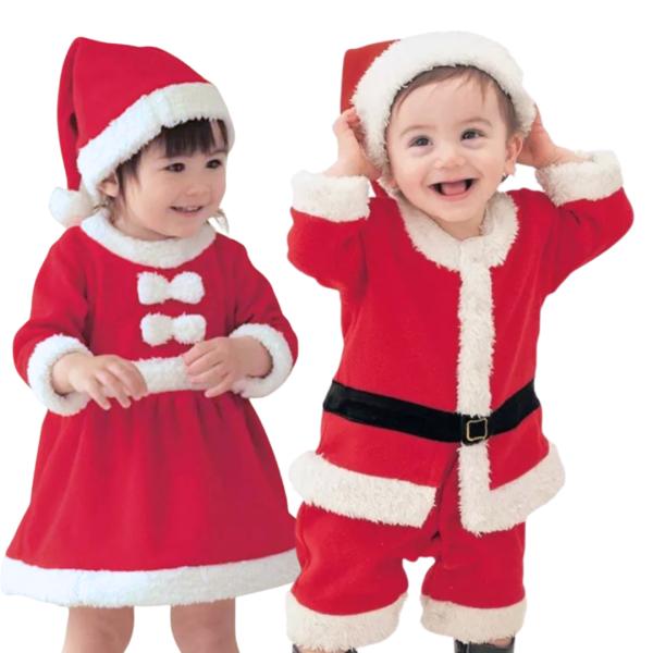 かわいい子ども用のサンタコスチューム帽子付きでクリスマスパーティーにもオススメのセットです【注意事項】・スマホやパソコンの環境によって色、素材感が異なる場合がございます。・海外製品のため裁縫が雑な部分がある場合がございます。　ご了承ください。
