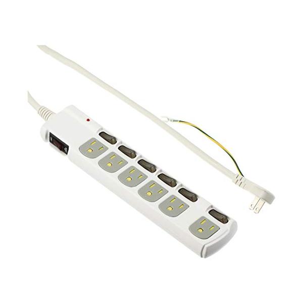 他サイト： アース&amp;雷ガード、3Pプラグ対応 個別スイッチ付き 節電タップ 6個口 1.8m HS-T1259Wの商品画像