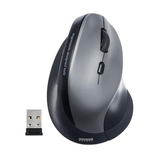 他サイト： サンワダイレクト エルゴノミクスマウス ワイヤレス 腱鞘炎防止 静音 5ボタン ブルーLED シルバー 400-MA092SSの商品画像