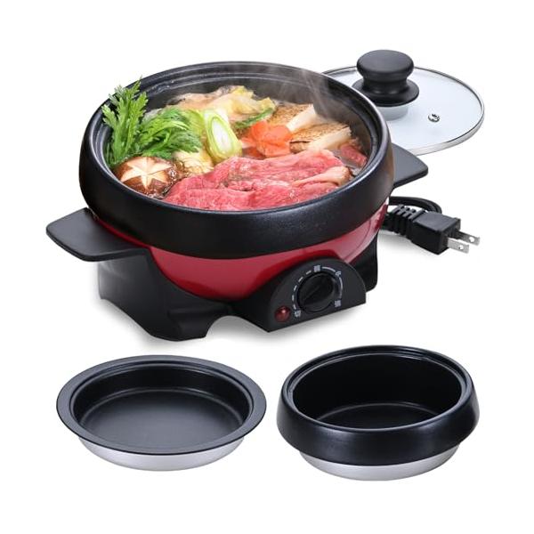 レッド/-/APN10G-R・Color:レッド・パッケージ個数:1・?「煮る・焼く」1台2役のお手軽調理・?アルミ鍋＆焼きプレートは脱着式で、お掃除楽々・?鍋表面は、フッ素加工を施し焦げ付きにくい・?3段階の温度切替可能・?中身が見えるク...