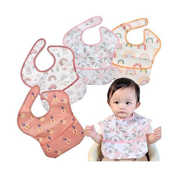 ４枚セットA/-/-・Color:４枚セットA・3D立体ポケットが食べこぼしをしっかりキャッチ??ひっくり返すと大きく開いたポケットが食べこぼしをキャッチお子さんの自分で食べたい意欲を邪魔しない安心の食事エプロンです。一般的なお食事エプロン...