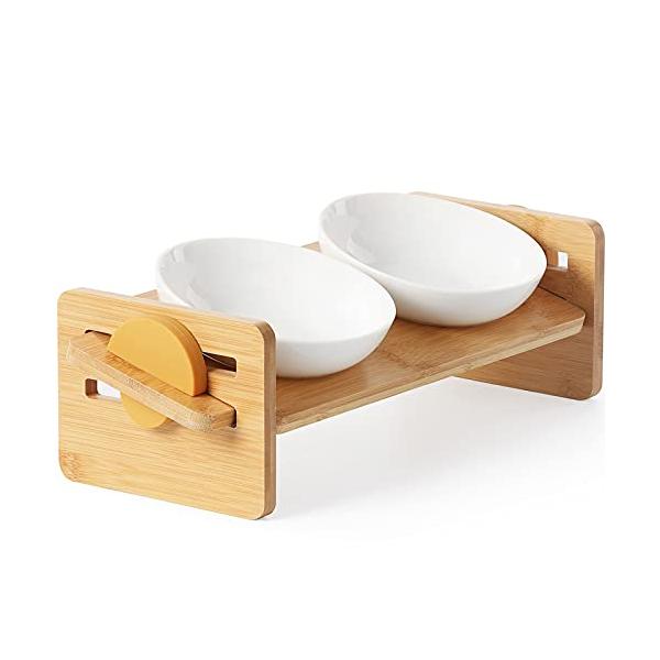 他サイト： FUKUMARU 犬猫用スタンド付きセラミック食器、15度の角度つき、5種類のセット方法がある竹製のスタンド、ペット用、皿、陶器製、餌入れの商品画像