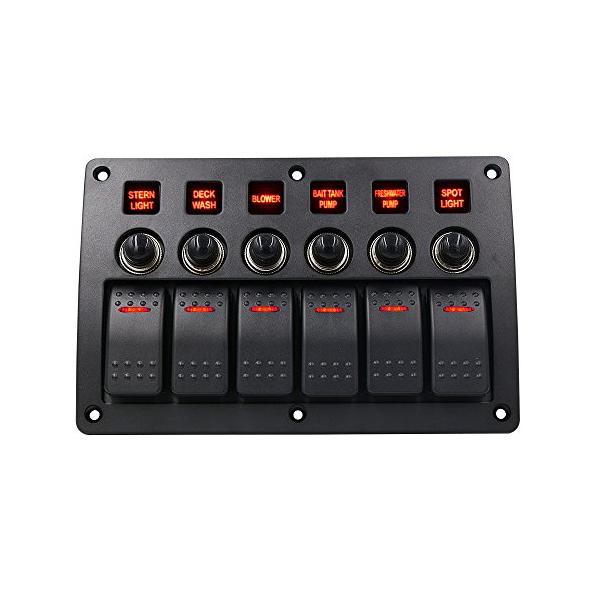 BlueFire 6連防水ボートスイッチ 船舶用品 スイッチヒューズ付 ブレーカースイッチ プッシュボタン 船舶/ボート/マリン専用 LEDスイ