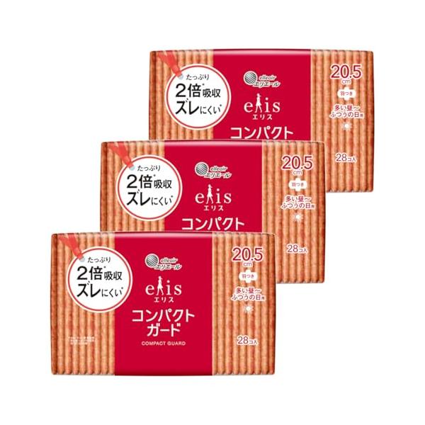 他サイト： エリス コンパクトガード 羽つき 20.5cm 84枚(28枚×3個) 多い昼~ふつうの日用 ナプキン まとめ買いの商品画像