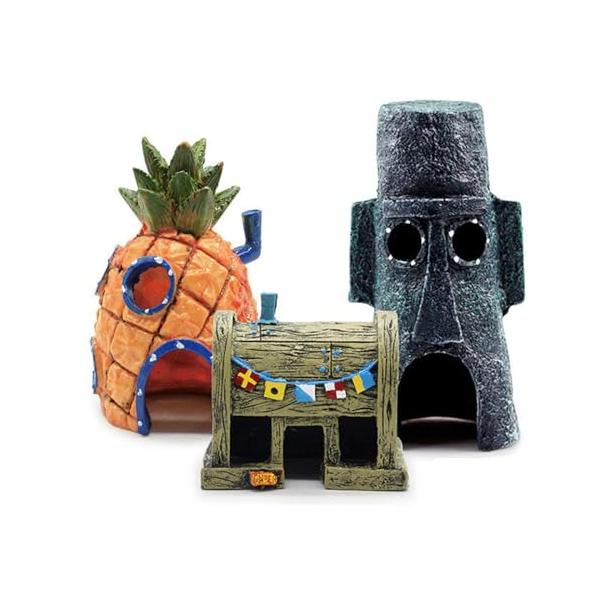 パイナップルハウス+イカルドの家+バーガーショップ/-/-・パッケージ内容パイナップル+レストラン+銅像。サイズ：長さ：8.5 cm、幅7.5 cm、高さ11.5 cm；長さ：8.3 cm、幅5.4 cm、高さ7.9 cm；長さ：7.5 c...