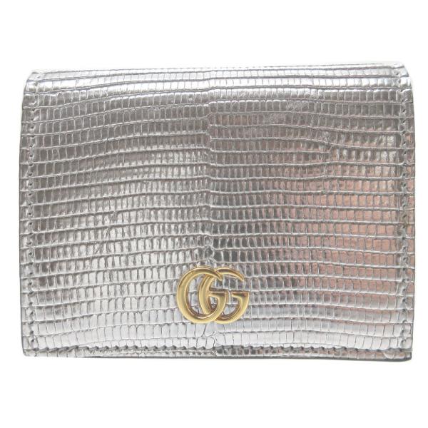 希少✨グッチ　二つ折り　GGマーモント　リザード　コンパクト　レザー　シルバー GUCCI 美品 グッチ GGマーモント コンパクトウォレット リザード