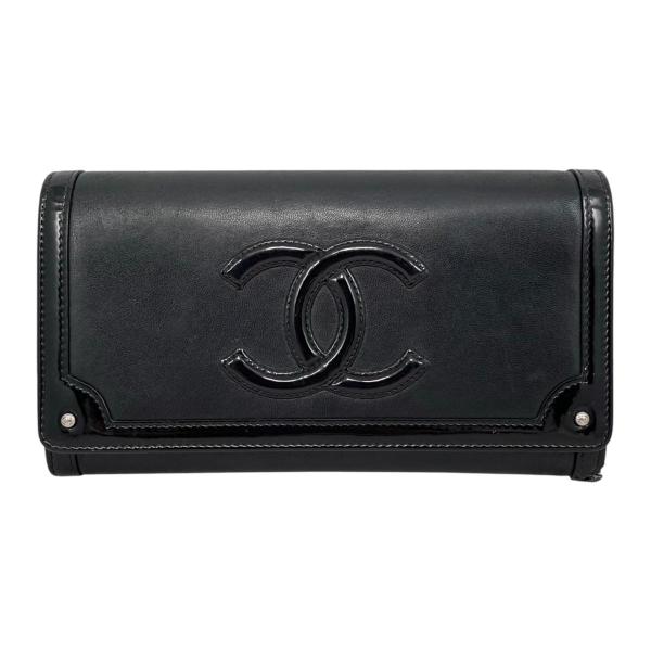 シャネル 2つ折り長財布 エナメル ココマーク ウォレット A80852 レザー ブラック シルバー金具 CHANEL