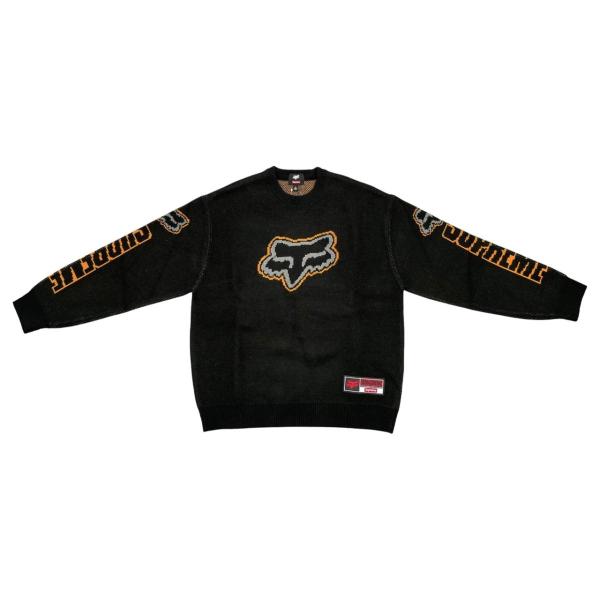 シュプリーム×フォックスレーシングコラボ セーター ロゴ ニット Lサイズ アクリル ブラック オレンジ Sweater Supreme×Fox Racing