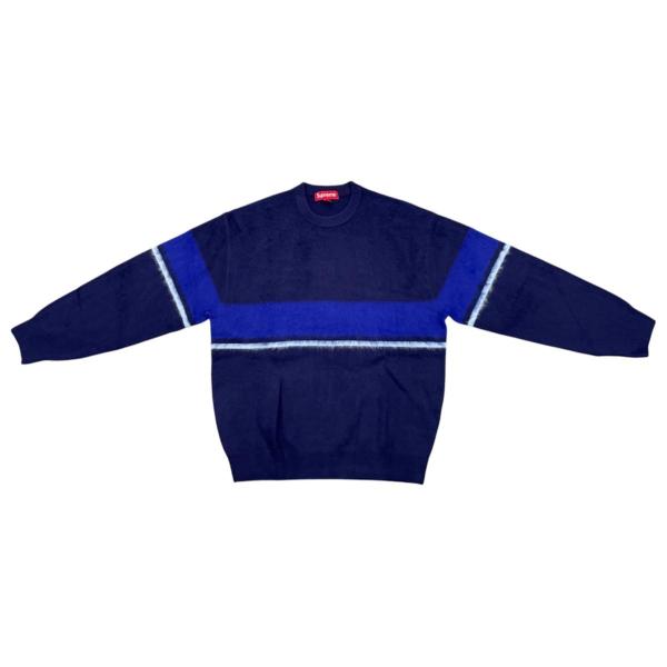 シュプリーム セーター ブラッシュド ストライプ ニット Sサイズ アクリル ロゴ ネイビー ブルー Brushed Stripe Sweater Supreme