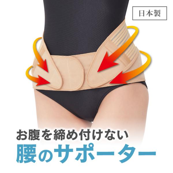 お腹を圧迫せずに腰をサポート！しっかりと腰をサポートしながらもお腹を解放した形状で苦しくなりにくい、『お腹を締め付けない腰のサポーター』腸腰筋は下半身と上半身をつなぐ大切な筋肉で、腰痛を引き起こす大きな原因になる筋の１つです。インナーマッス...