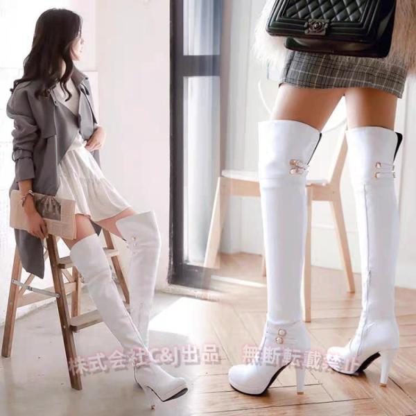 ロングブーツレディースニーハイブーツ9.5CM太いヒールレザー調ベルトバックル美脚最高ジョッキーブーツ防滑黒白歩きやすいハイヒールスムース ロングブーツレディースニーハイブーツ9.5CM太いヒールレザー調ベルト