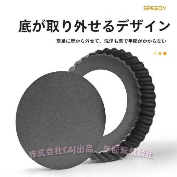 材質：炭素鋼サイズ：小さい：外径：9.8cm; 底の直径：7.5cm; 高さ：1.8cm 大きい：外径：12cm; 底の直径：10.5cm; 高さ：2cmしっかり焼けて手早く取れる底取タイプのタルト型おいしいタルトをもっと手軽に楽しめる!お...