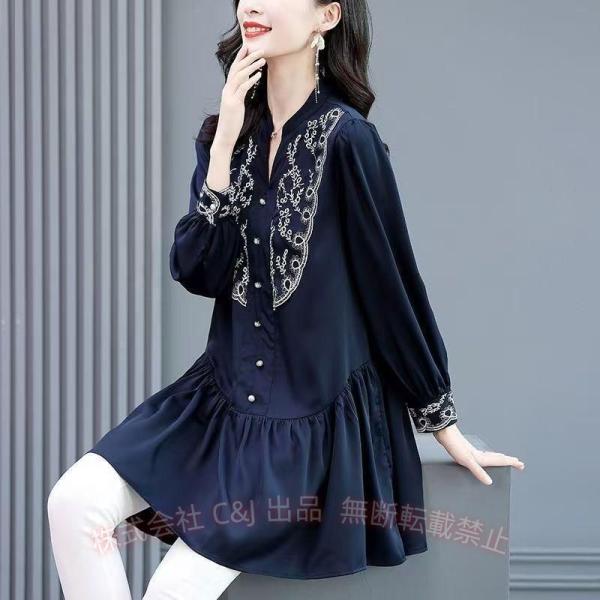 チュニック 刺繍 レディース シャツブラウス シアーシャツ ボリューム袖 C&J バルーンスリープ シアーチュニックブラウス無地ベーシックト 着回し 通勤