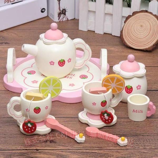 おままごと 木製 ティーセット お茶会 ティートレイセット キッチングッズ C&J おもちゃ ごっこ遊び 男の子 女の子 ストロベリーアフタヌーンティー 便利