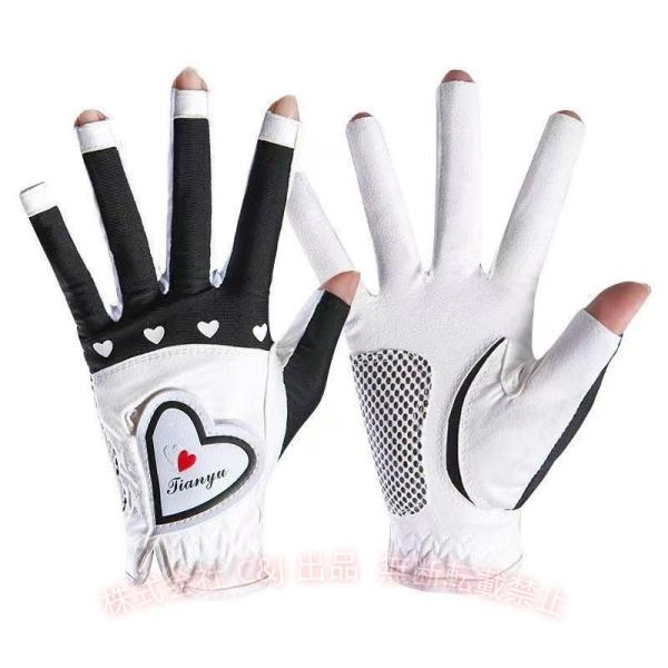 レディース ゴルフ グローブ 指先カット 手袋 UVカット ハート おしゃれ C&J ネイルカット ゴルフ用品 ゴルフグローブ 両手 ネイル 春 夏 秋 送料 着回し