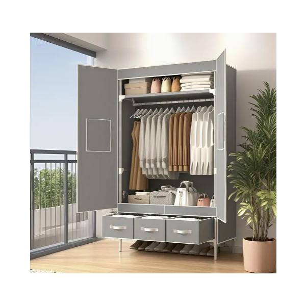 磁気ドア付きのポータブルワードローブ!1本のハンギングロッド、1個の大型収納キャビネット、3個の収納ボックス!耐久性! 衣類や小物をホコリや湿気から守るフルカバー仕様。バッグや帽子、カゴなど置く。多層シンプル、家庭用 寝室用、教室、寮用フロ...