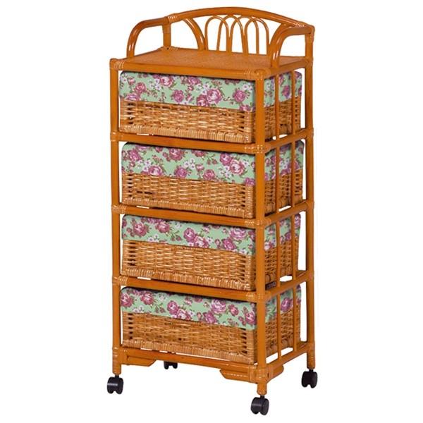ラタン 藤製 5段ラック チェスト 花柄布カバー キャスター付き 【公式