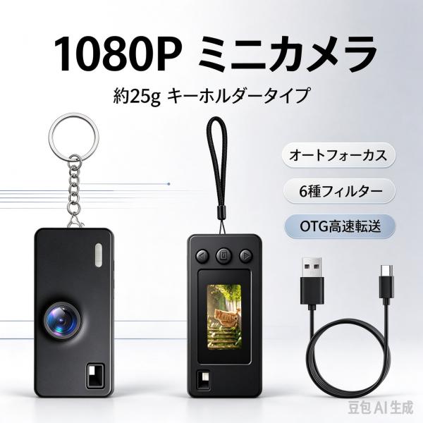 1080P ミニカメラ キーホルダー型 0.96 インチ液晶画面 子供用カメラ 自動焦点 6 種フィルター内蔵 補助ライト付き OTG 高速転送 最大 128GB 対応 軽量 25g