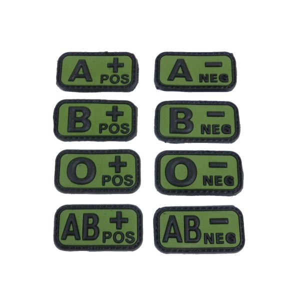 血液型ラバーパッチ。裏面がベルクロのフック面になっています。A、B、O、ABにそれぞれポジティブ、ネガティブの計８種があります。新品※画像はサンプルですサイズ：縦2.6cm 横5.1cm 厚0.4mm