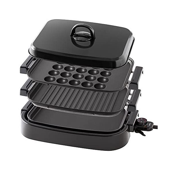山善 ホットプレート 3WAY 平面プレート波型プレートたこ焼きプレート 着脱式 ワンタッチ操作 蓋付き フッ素コーティング EDHT1300B メーカー保証1年