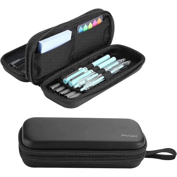 ProCase ペンケース、EVAハードシェル 筆箱 2層 大容量 文具ポーチ 学生用・事務用品 手首付き -ブラック