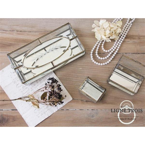 ジュエリーボックス中 アクセサリーケース 収納 小物入れ エッチングガラス 真鍮 アンティーク ゴールド ガラス工房