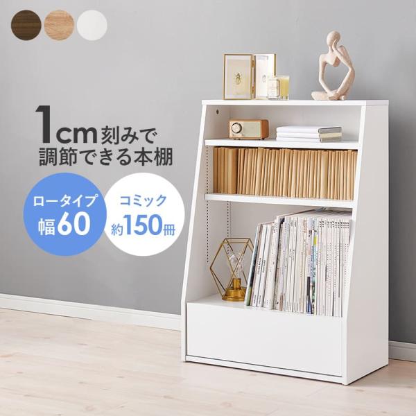 本棚 ブックラック おしゃれ 木目調 ロータイプ シンプル 引き出し付 幅60cm 1cm刻みで棚板高さ調整可能 コミック約150冊 A4OK 漫画 RCC-1906
