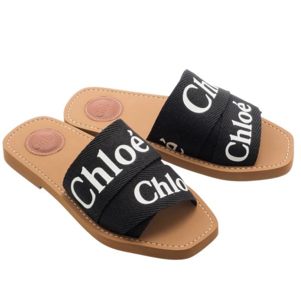 Chloe クロエ “woody”フラットミュール ロゴ入りリネンぺたんこ