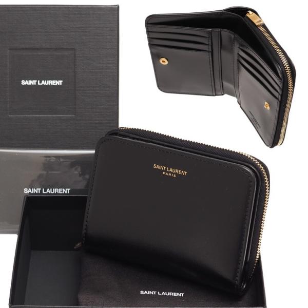 サンローラン コンパクトジップウォレット シャイニーレザー ラウンドジップ折財布 スナップ開閉 ブラック 562796 03P0J 1000  SAINT LAURENT