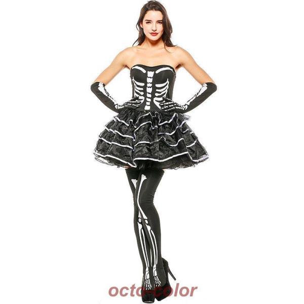 ハロウィン衣装 大人用 女性用 骸骨 白骨 コスチューム どくろ ハロウィン 衣装 ゾンビの花嫁 レディース ガールズ ドラキュラ/吸血鬼