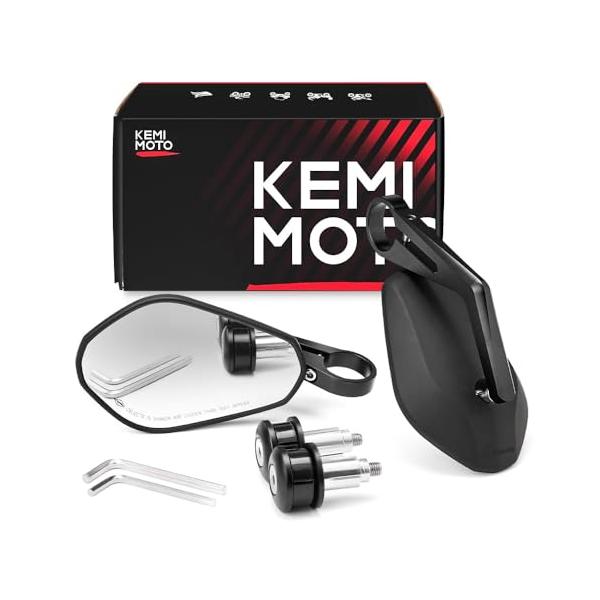 KEMIMOTO バーエンドミラー バイク用 ミラー オートバイミラー CNC加工 汎用ミラー ブラック 左右セット 車検対応 凸面鏡 長型 KM08