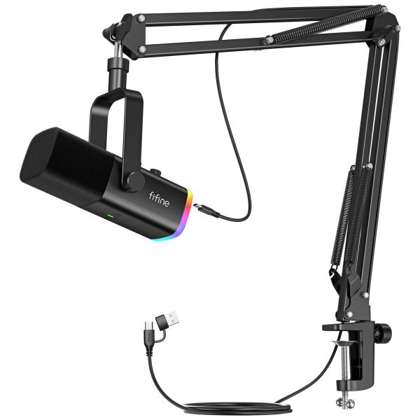 FIFINE XLR/USB ゲーミングマイクセット ストリーミング ポッドキャスト用 ダイナミックマイク PCマイク ブームアームスタンド付き RG