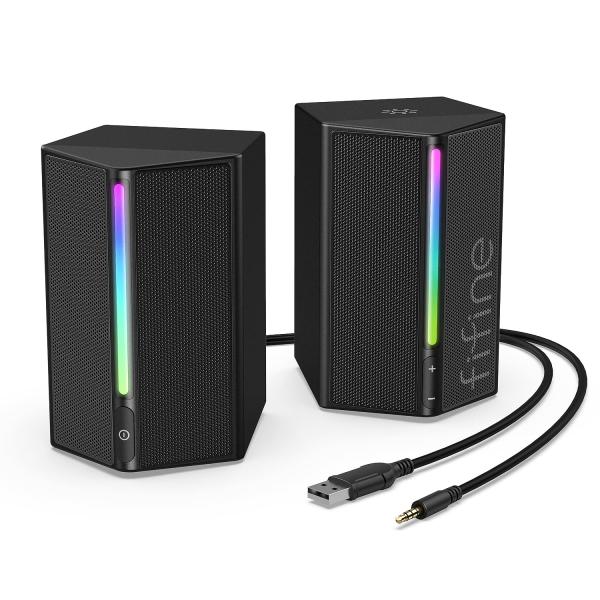 FIFINE ゲーミングスピーカー 有線 3.5mm接続 ステレオスピーカー 重低音 RGBライト制御可能 USB給電 PC/スマホ/テレビに対応 ゲ