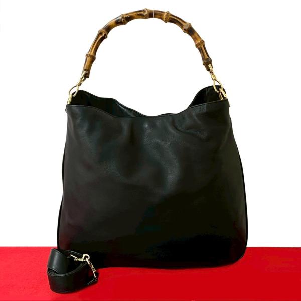 オールド GUCCI ブラックレザー バンブーハンドル付きショルダーバッグ GUCCI ほぼ未使用 グッチ オールドグッチ ヴィンテージ バンブー