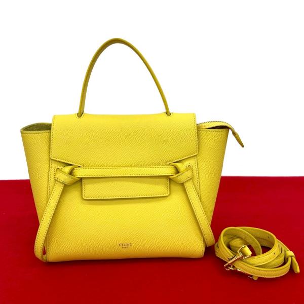 極 美品 CELINE セリーヌ ベルトバッグ ナノ レザー 本革 2way ハンドバッグ ミニ トートバッグ ショルダーバッグ イエロー 371-8 CELINE（セリーヌ） 極 美品 ベルトバッグ ナノ レザー 本革 2way