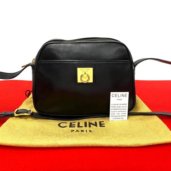 ほぼ未使用 希少品 保存袋付 CELINE セリーヌ リング金具 ロゴ レザー 