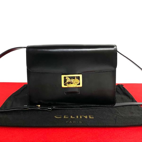 未使用保管品 セリーヌ ロゴ 金具 レザー ショルダーバッグ ポシェット 黒 美品□CELINE セリーヌ ショルダーバッグ サークルロゴ ゴールド