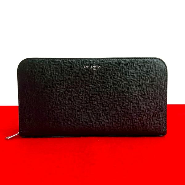 極 美品 希少品 SAINT LAURENT PARIS サンローランパリ ロゴ レザー 本革 ラウンドジップ 長財布 ウォレット カードケース ブラック 17910 SAINT LAURENT - 極 美品 希少品 SAINT LAURENT PARIS サンローラン