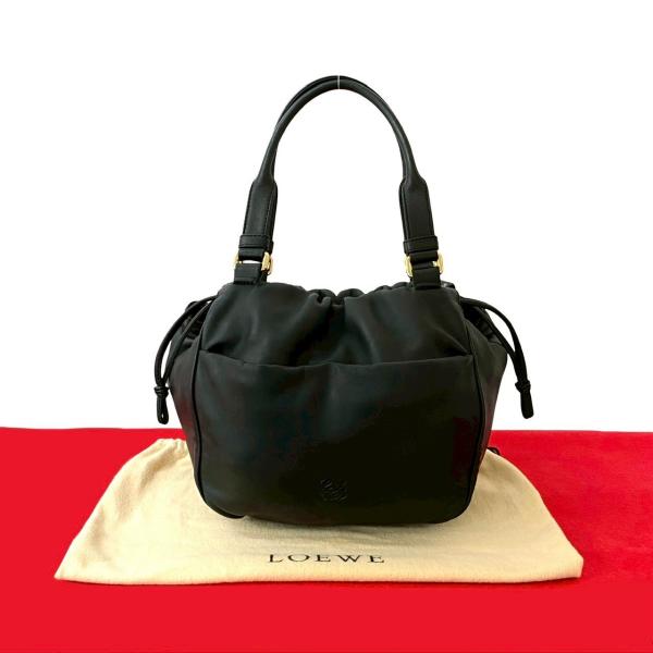 美品●ロエベ　ハンドバッグ　アナグラム　ロゴ型押し　裏地総柄　ナッパレザー　黒色 美品 LOEWE ロエベ ハンドバッグ アナグラム ロゴ型押し