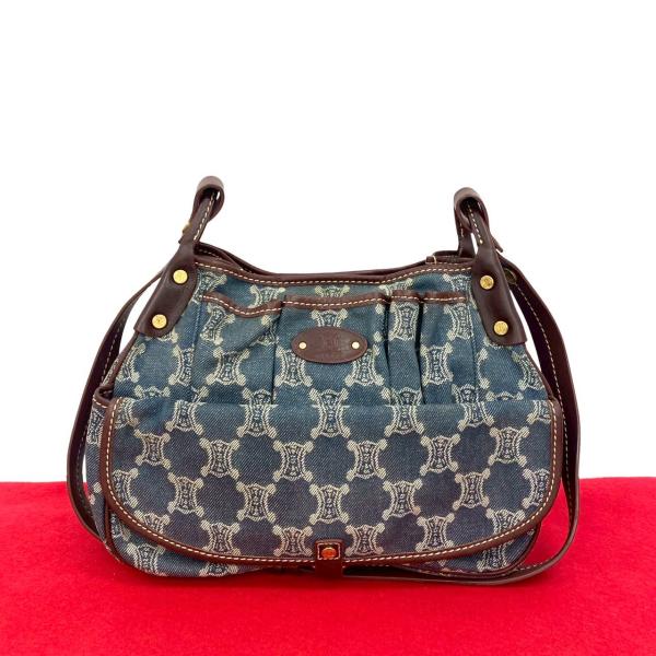正規品　希少　美品　セリーヌ ショルダーウォレット マカダム　デニム セリーヌ マカダム デニム×レザー ショルダーバッグ ネイビー