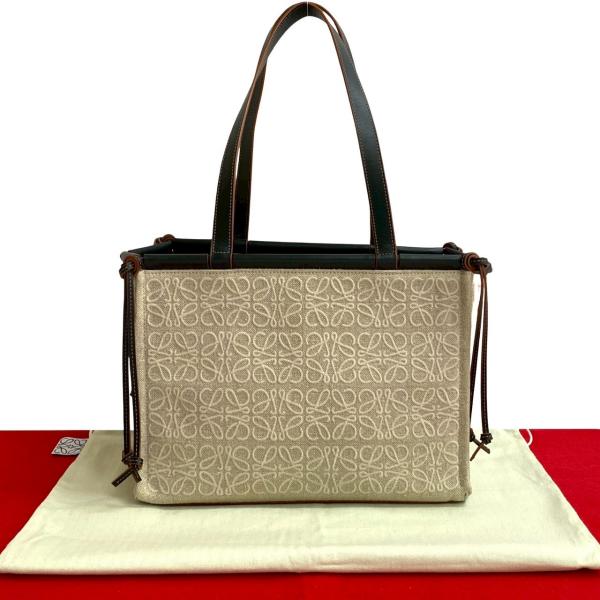 LOEWE（ロエベ）トートバッグ　アナグラム柄　ベージュ✖️黒レザー LOEWE（ロエベ） ほぼ未使用 袋付き クッショントート アナグラム ロゴ