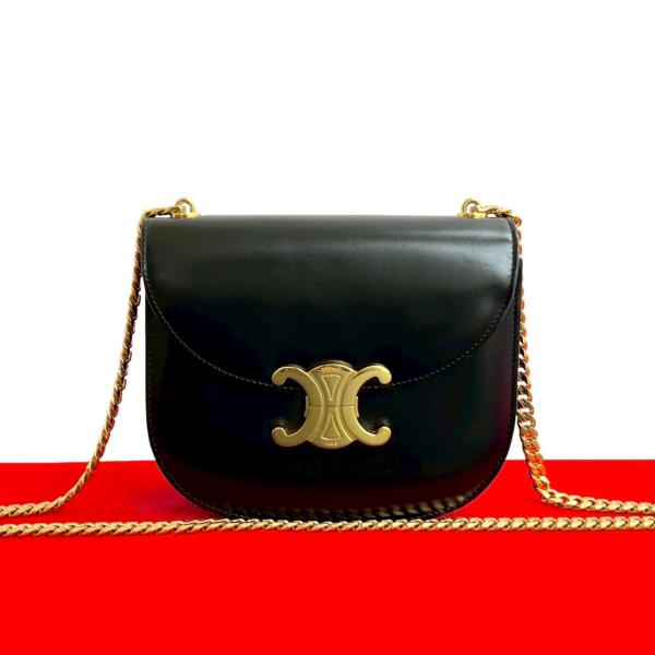 極 美品 CELINE セリーヌ ティーン チェーン ブザス トリオンフ ロゴ カーフ レザー 本革 ショルダーバッグ ポシェット ブラック 30423 CELINE（セリーヌ） 極 美品 ティーン チェーン ブザス トリオンフ