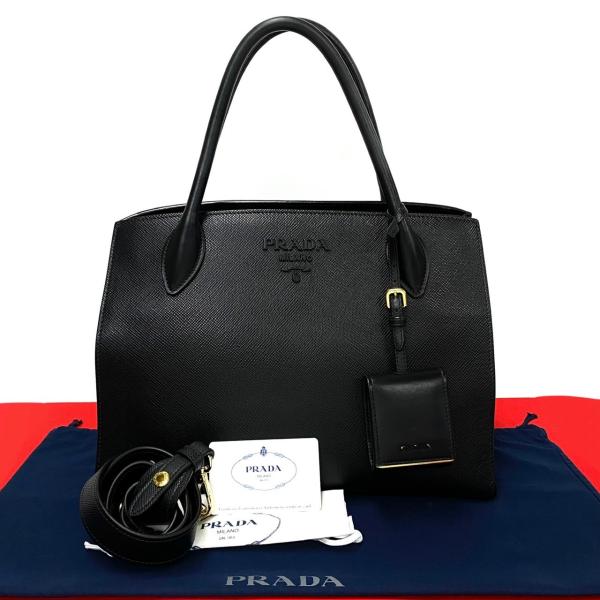 PRADA ブラック レザー ケース　極美品 PRADA 極 美品 カード付き プラダ モノクローム レザー 本革 2way
