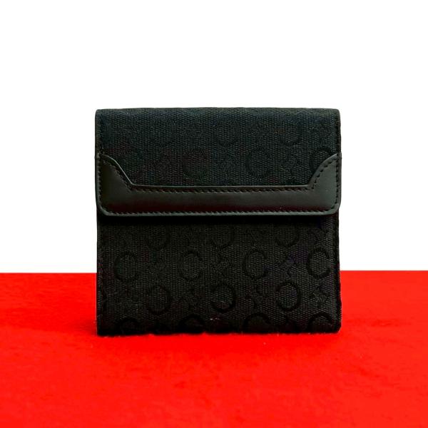 極 美品 希少品 CELINE セリーヌ Cマカダム 総柄 キャンバス レザー 本革 三つ折り 財布 ミニ ウォレット カードケース ブラック 16753 CELINE（セリーヌ） 極 美品 希少品 Cマカダム 総柄 キャンバス レザー