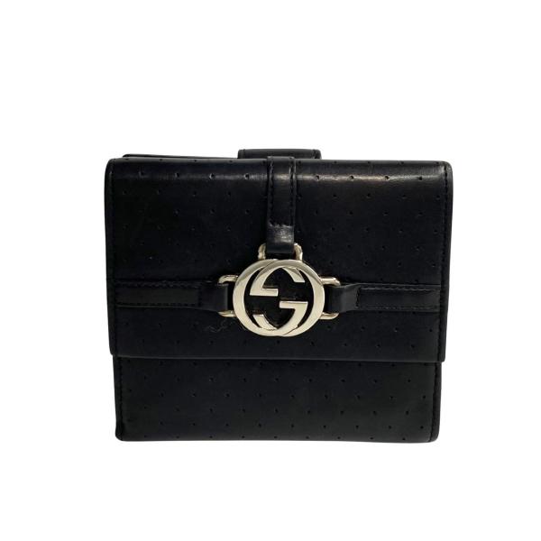 GUCCI 極 美品 箱付 グッチ GG ロゴ 金具 パンチング レザー 本革 二