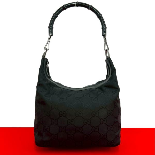 極 美品 GUCCI グッチ GGキャンバス バンブー レザー ナイロン ハンドバッグ ワンショルダーバッグ セミショルダーバッグ ブラック 71642 GUCCI（グッチ） 極 美品 GGキャンバス バンブー レザー ナイロン