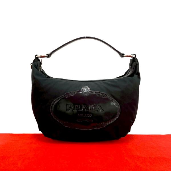PRADA ブラック エナメル ハンドバッグ PRADA（プラダ） 極 美品 希少品 ロゴ 刻印 ナイロン パテントレザー